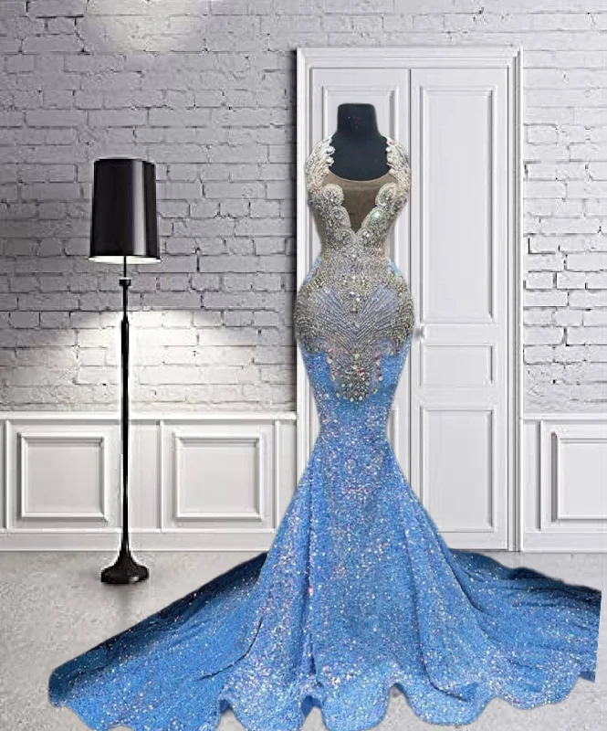 Luxurious Blue Sequin Silver Crystal Beading Prom Dress