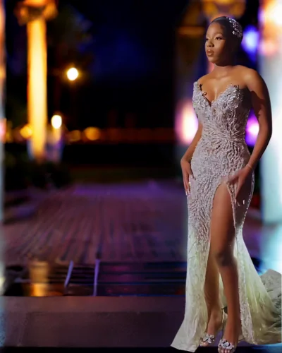 Luxury Champagne 3D Beading Mermaid Prom Dress Sexy Side Slit