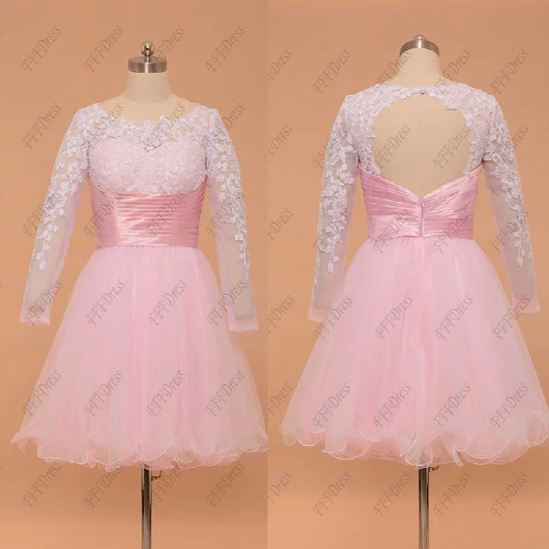 Backless Pink white short prom dresses long sleeves