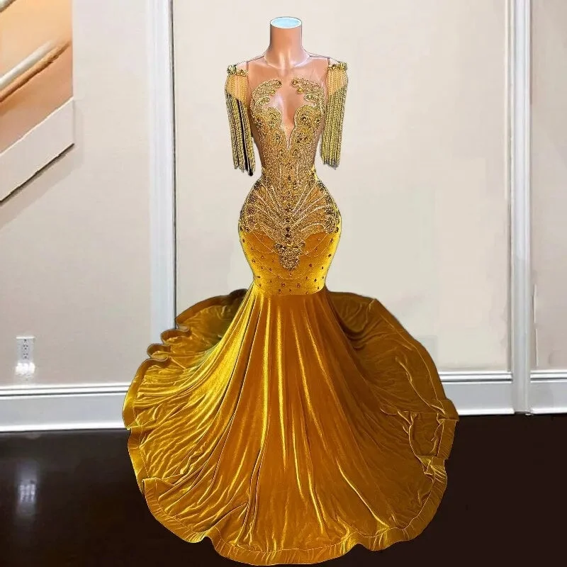 Gold Sheer Neck Rhinestone Mermaid Prom Dress