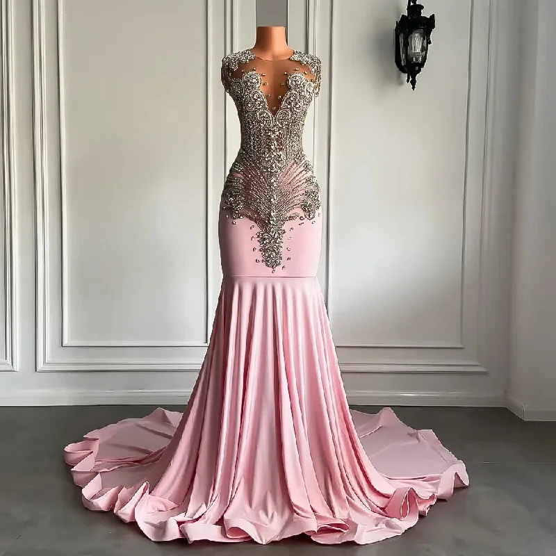 Long Pink Sparkly Silver Prom Dress