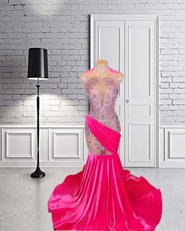 Hot Pink Velvet Luxury Crystal Prom Dress