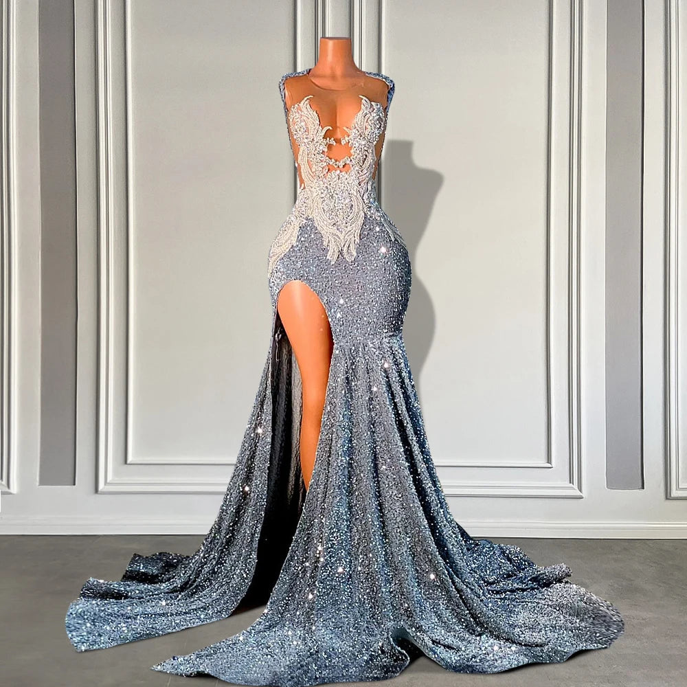 Luxury Silver Sparkly Mermaid Prom Dress with High Slit