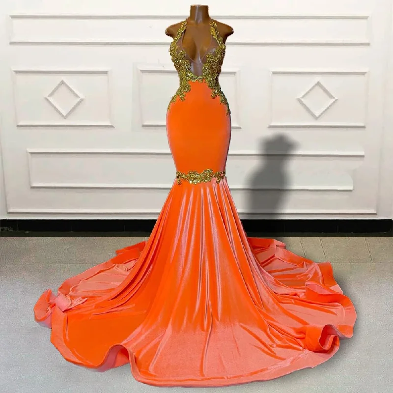 Sexy Sheer Gold Lace Backless Orange Mermaid Prom Dress