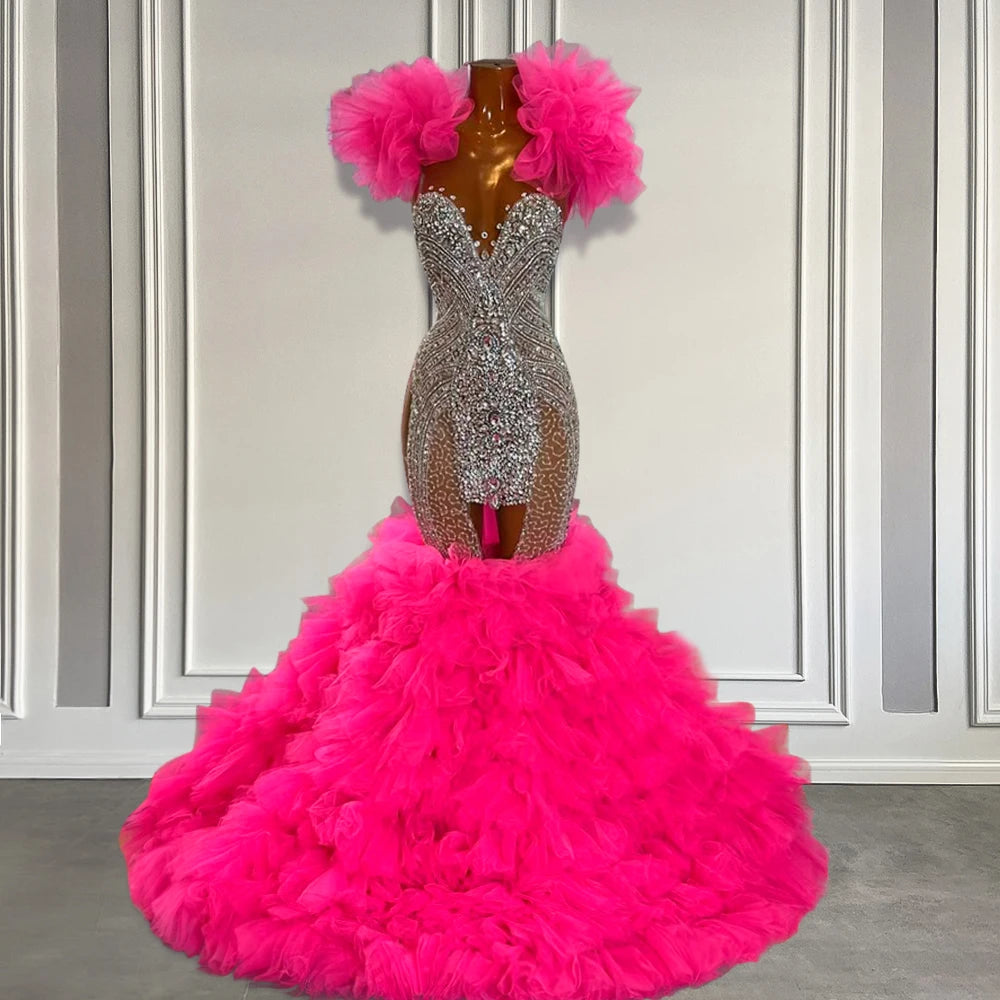 Sexy Deep Pink Sheer Mesh Mermaid Prom Dress with Ruffles & Crystals