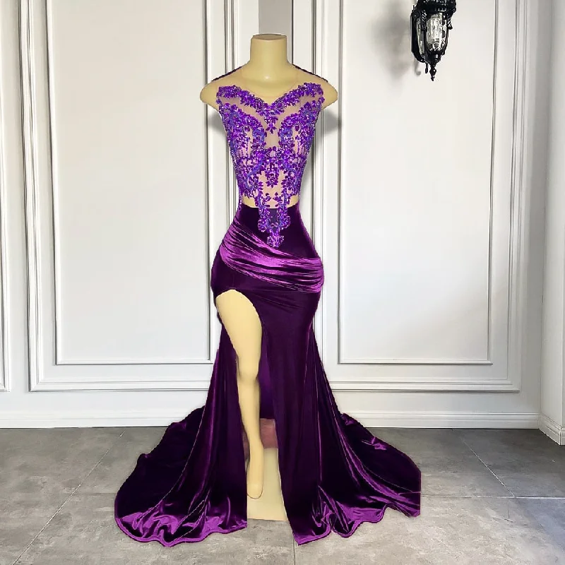 Purple Velvet Beaded Elegant Prom Dress