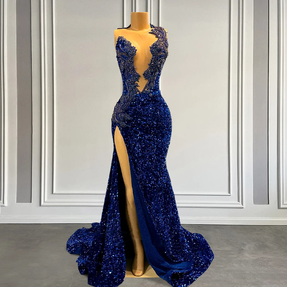 Royal Blue Sparkly Sequin Mermaid Prom Dress with Slit