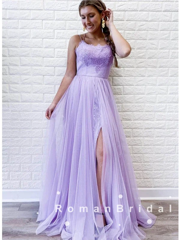 A-Line Spaghetti Straps Tulle Lace Long Prom Dresses With Slit,RBPD0042