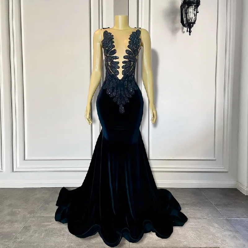 Sexy Sheer O-neck Sleeveless Luxury Beaded Long Prom Dress