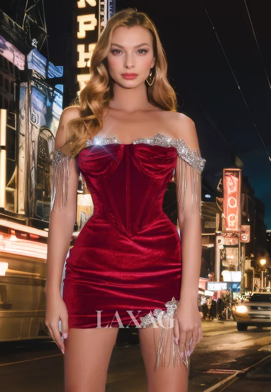 Off Shoulder Beaded Fitted Elegant Party Homecoming Dress