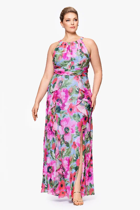 Plus "Karen" Print Chiffon Ruffle Floor Length Dress