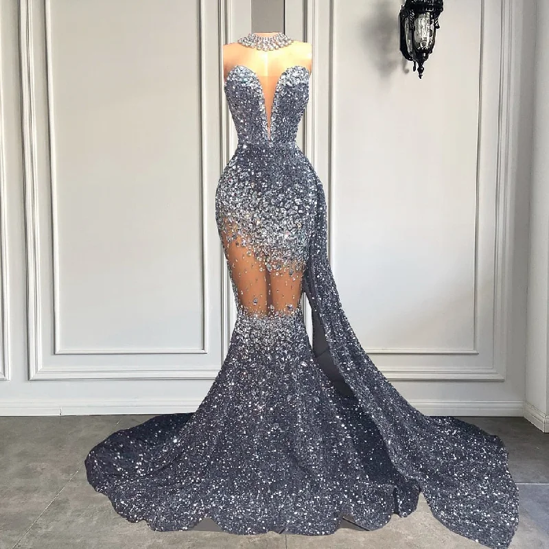 Silver Sparkly Sequin Diamond Mermaid Prom Dress