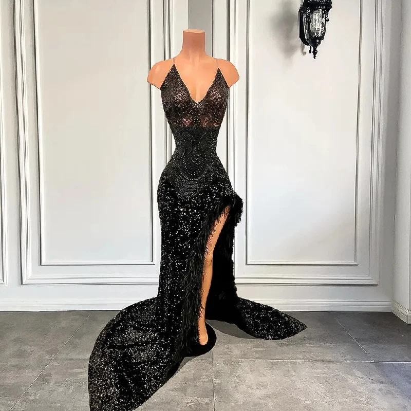 Sexy Halter High Slit Handmade Beaded Feather  Luxury Long Prom Dress