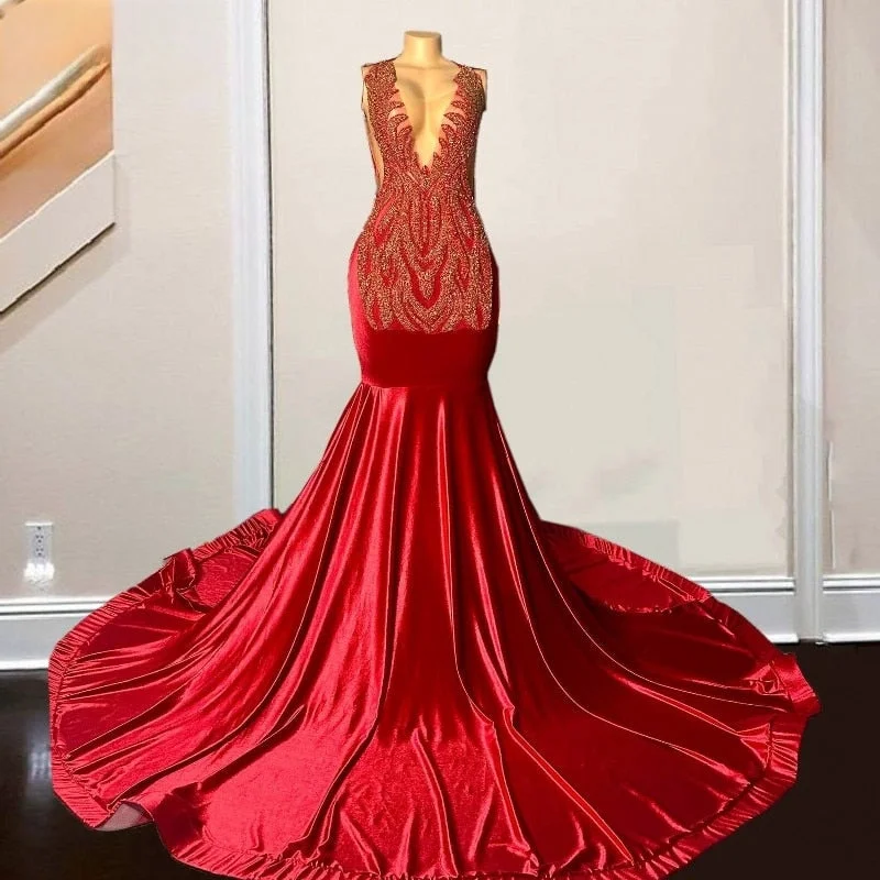 Long Red Mermaid  Sheer Top Luxury Sparkly Diamond Prom Dress