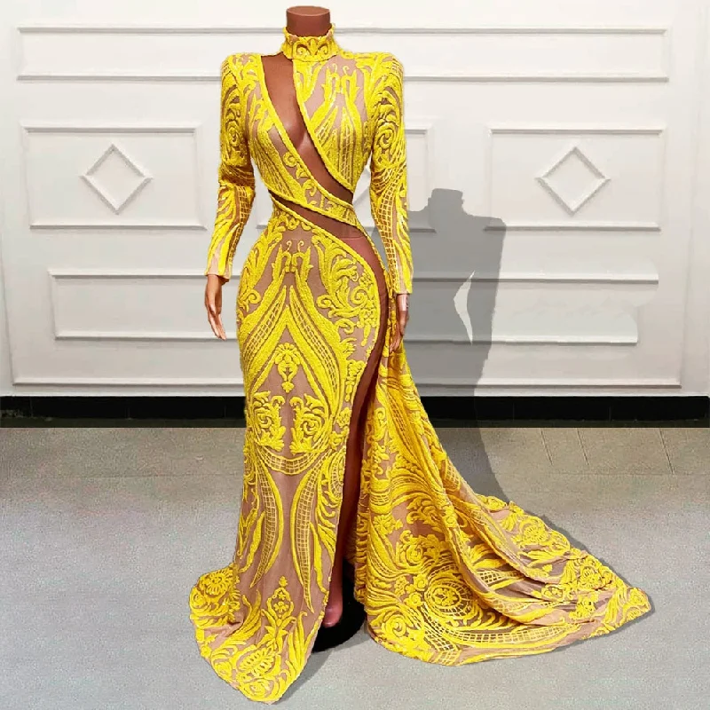 Long Sparkly Sequin Gold High Neck Full Sleeves Prom Dress