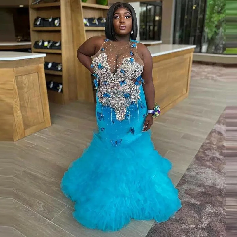 Mermaid Prom Dress With Sheer Neck Butterfly Beads Pearls Tassels Tierer Button