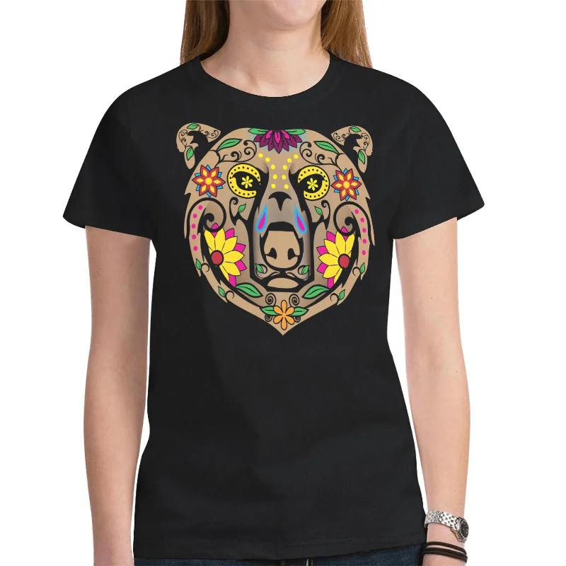 Bear Spirit Guide (Black) T-shirt for Women Solid Color Striped Floral