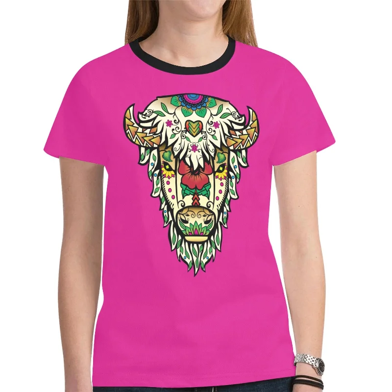 Buffalo Spirit Guide (Pink) T-shirt for Women Striped Floral Plaid