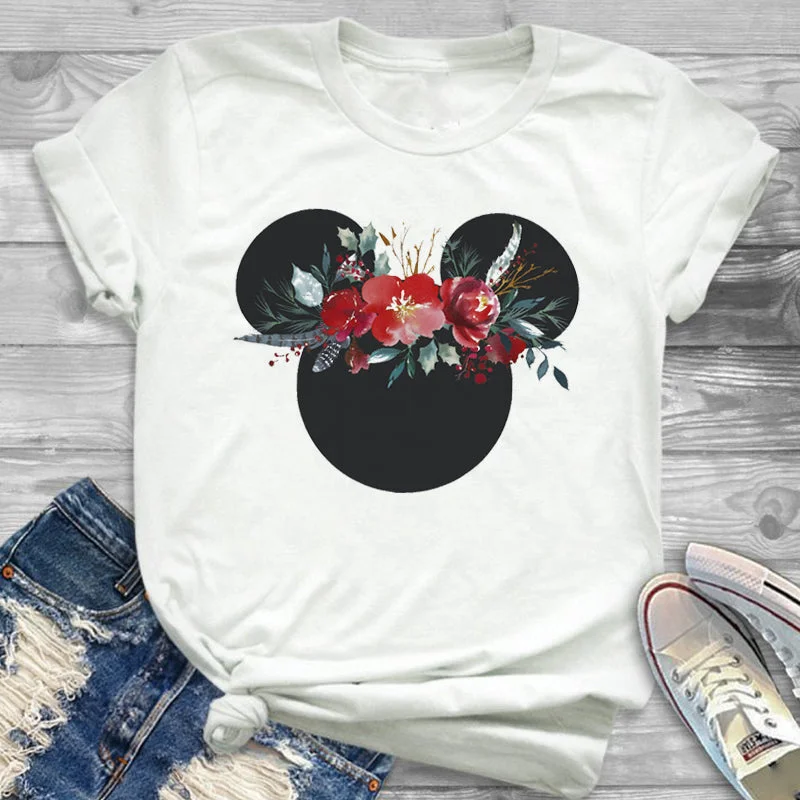 Fashion Floral Printed Women Tshirts Kawaii Ear Printed Woman Clothing Funny Shorts Sleeves Ladies Tops Femme Tees Wool Fabric Cashmere Fabric Tweed Fabric