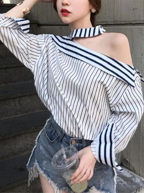 hoombox Fashion Off-Shoulder Striped Halter Loose Shirt Ribbed Striped Patterned