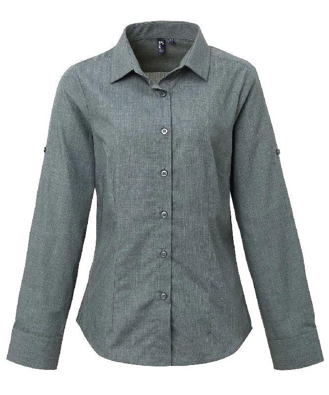 Grey Denim - Women's poplin cross-dye roll sleeve shirt Denim Fabric Leather Fabric Suede Fabric Grey Denim - Women's poplin cross-dye roll sleeve shirt Denim Fabric Leather Fabric Suede Fabric