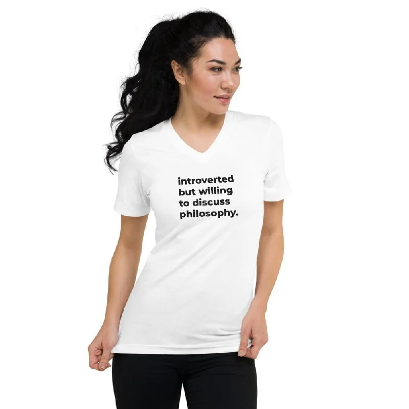 introverted but willing to discuss philosophy. - Unisex V-Neck T-Shirt Collared T-Shirt Boat Neck A-Line