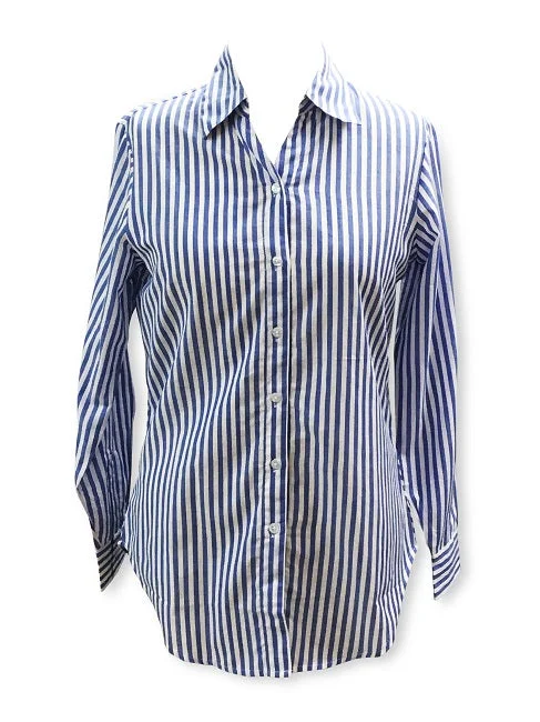 Ladies Long Sleeve, Cotton, Blue and White stripe, 3 button back shirt. Style# 4306 Elegant Classic Vintage