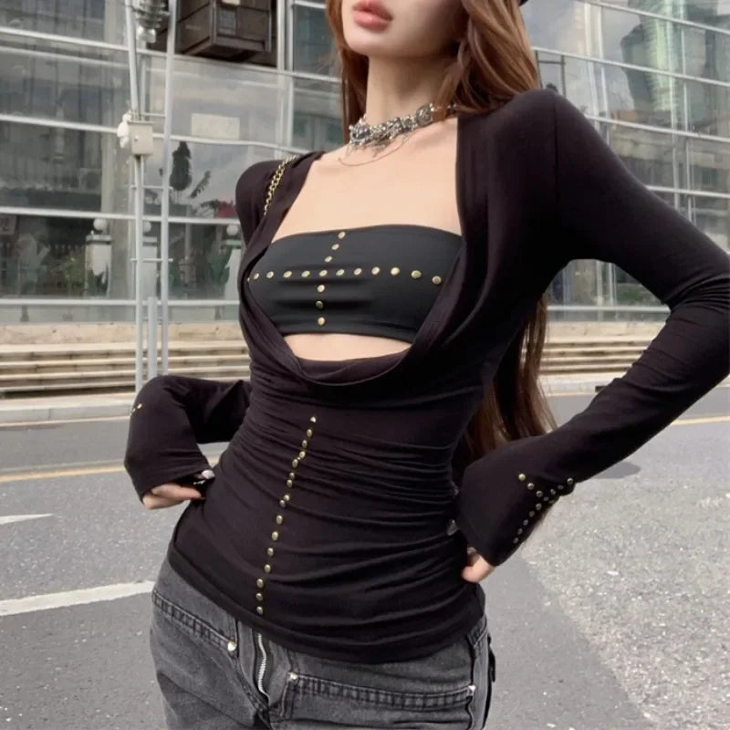 Lunivop Autumn New Deep V-neck Pleated Sexy Slim Rivets Long-sleeved T-shirt Women + Black All-match Tube Tops Two-piece Suit Rayon Fabric Velvet Fabric Corduroy Fabric Lunivop Autumn New Deep V-neck Pleated Sexy Slim Rivets Long-sleeved T-shirt Women + Black All-match Tube Tops Two-piece Suit Rayon Fabric Velvet Fabric Corduroy Fabric