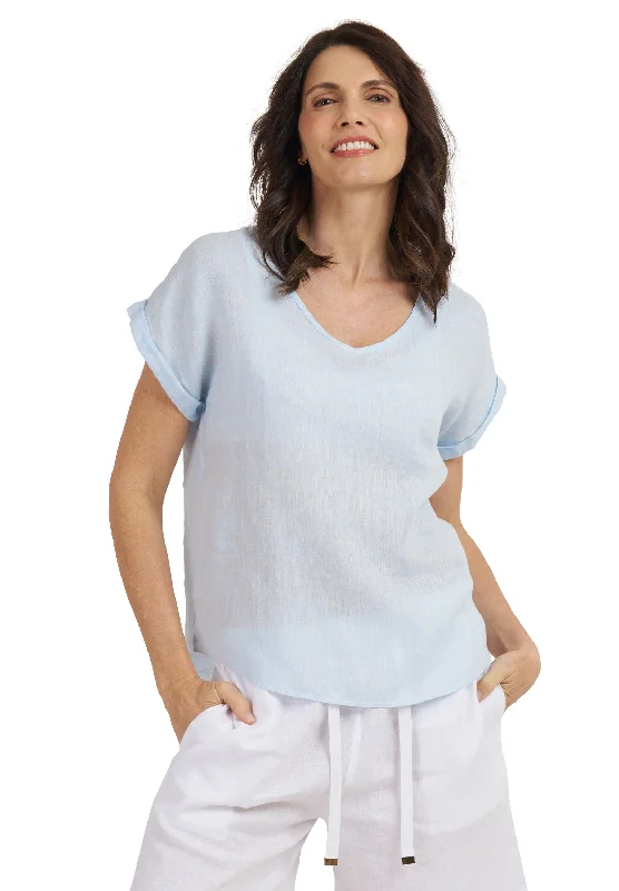 Martina Sky Blue Melange Linen T-Shirt Elegant Classic Vintage