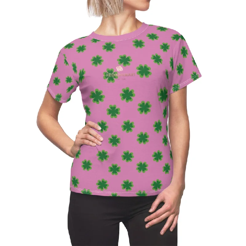 Pink Green Clover Print St. Patrick's Day Women's Premium Crewneck Tee- Made in USA Satin Blend Silk Blend Wool Blend