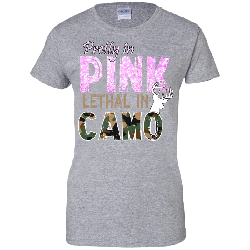 "Pretty In Pink. Lethal In Camo" Gildan Ladies' 100% Cotton T-Shirt Collared Crew Neck Turtle Neck