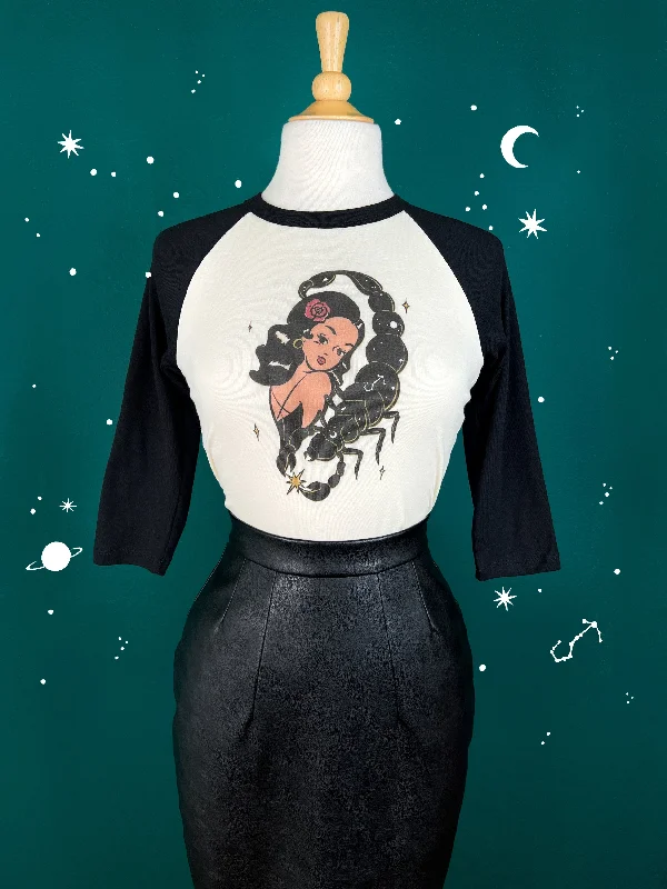 Scorpio Child Cropped Baby 3/4 Raglan tee in Natural/Black Ribbed Striped Patterned