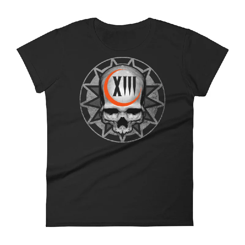 SINISTER SKULLS - Lucky 13 Skull Women's short sleeve t-shirt Zippered Front Buttoned Front Snap Front SINISTER SKULLS - Lucky 13 Skull Women's short sleeve t-shirt Zippered Front Buttoned Front Snap Front