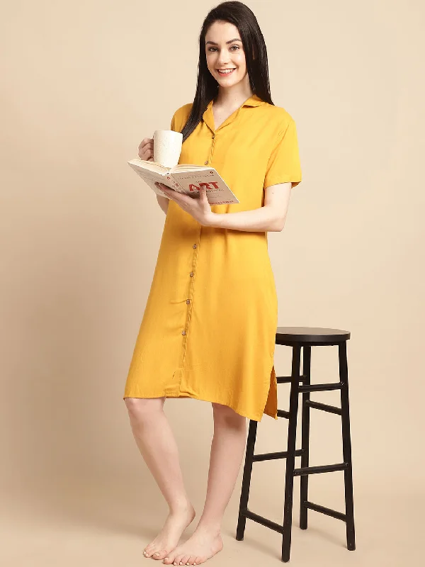 Solid Mustard Knee Length Rayon Sleep Shirt V-Neck T-Shirt Long Sleeve Cotton