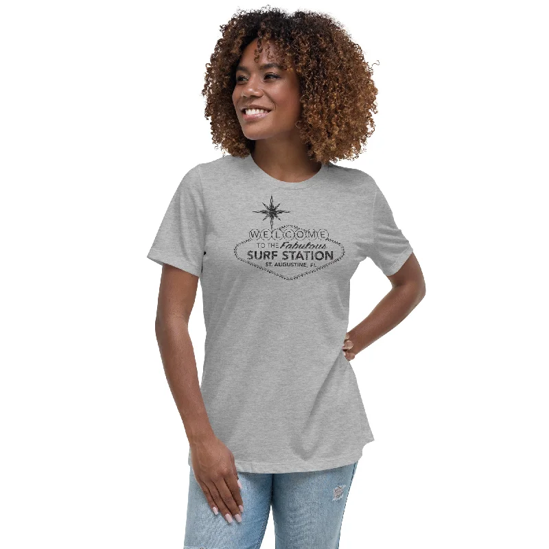 Surf Station Welcome Sign Black Women's Relaxed T-Shirt Collared Crew Neck Turtle Neck Surf Station Welcome Sign Black Women's Relaxed T-Shirt Collared Crew Neck Turtle Neck