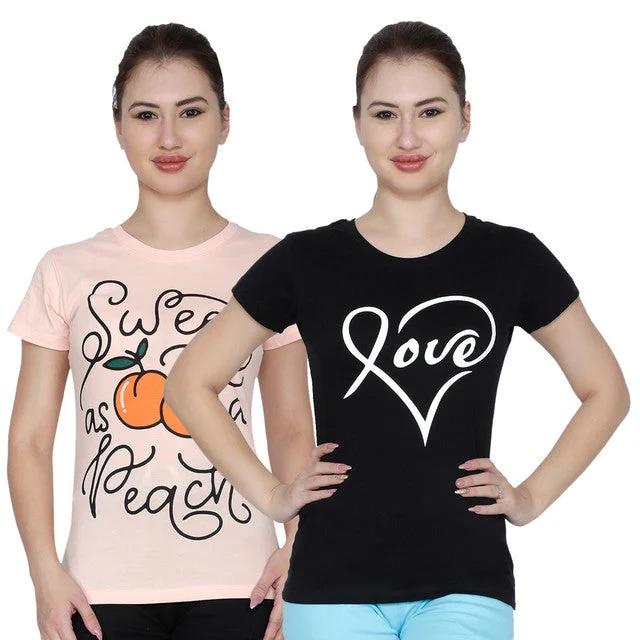 T.T. Women Printed Slim Fit Tshirt Pack Of 2 Black::Peach Layered Multi-layer Single Layer