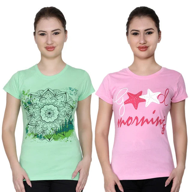 T.T. Women Printed Slim Fit Tshirt Pack Of 2 Green::Pink Fleece Nylon Spandex