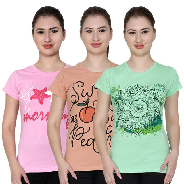 T.T. Women Printed Slim Fit Tshirt Pack Of 3 Green::Almond::Pink Graphic T-Shirt Round Neck Polyester T.T. Women Printed Slim Fit Tshirt Pack Of 3 Green::Almond::Pink Graphic T-Shirt Round Neck Polyester