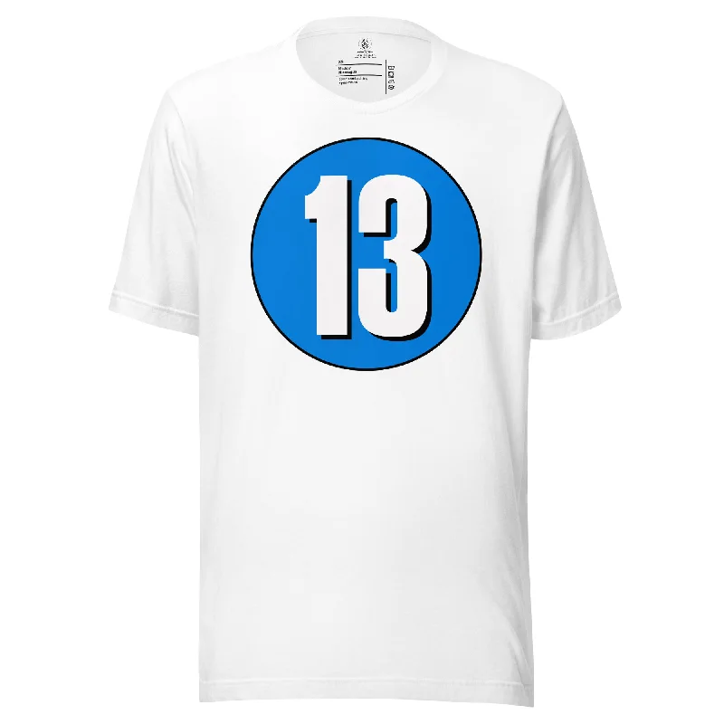 Unisex t-shirt: White on Blue 13 Zippered Front Buttoned Front Snap Front