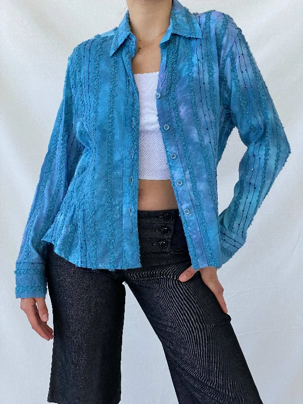 Vintage Tie-Dye Women’s Button Up Blue Sequin Cotton Shirt - M Polka Dot Checkered Tartan