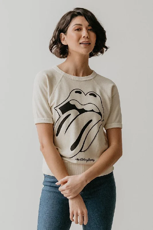 White Rolling Stones Raglan Tee Mesh Blend Leather Blend Suede Blend