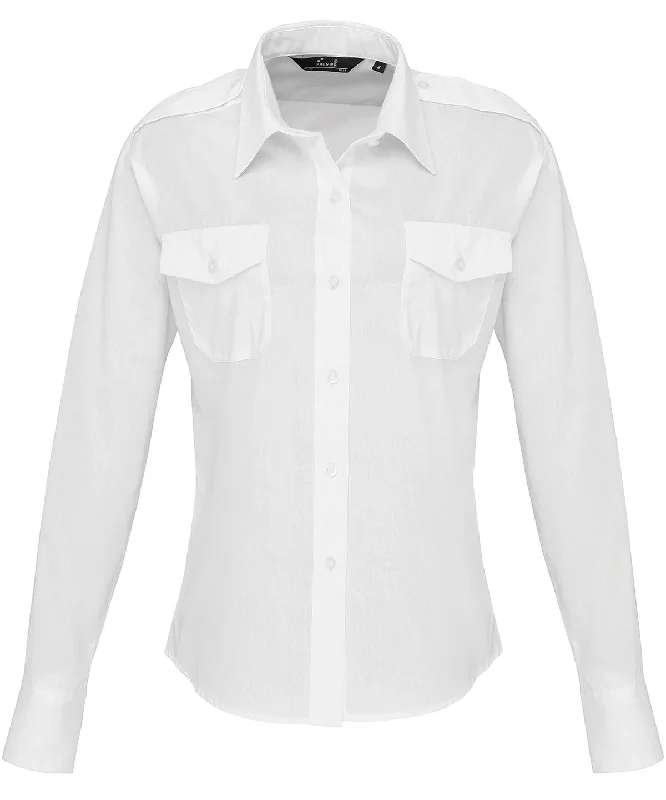 White - Women's long sleeve pilot shirt Notch Collar Peter Pan Collar Cowl Neck