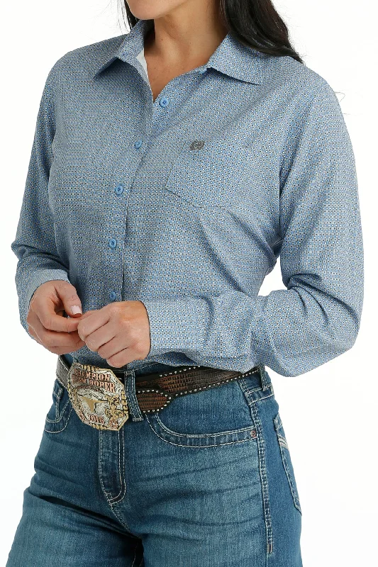 Women's Cinch MSW9163022 Arenaflex Blue Spread Collar Western Shirt V-Neck T-Shirt Long Sleeve Cotton