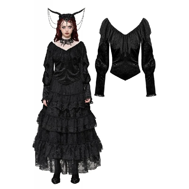 Women's Gothic Lace Velvet Long Sleeved Shirt Real Fur Shearling Chenille