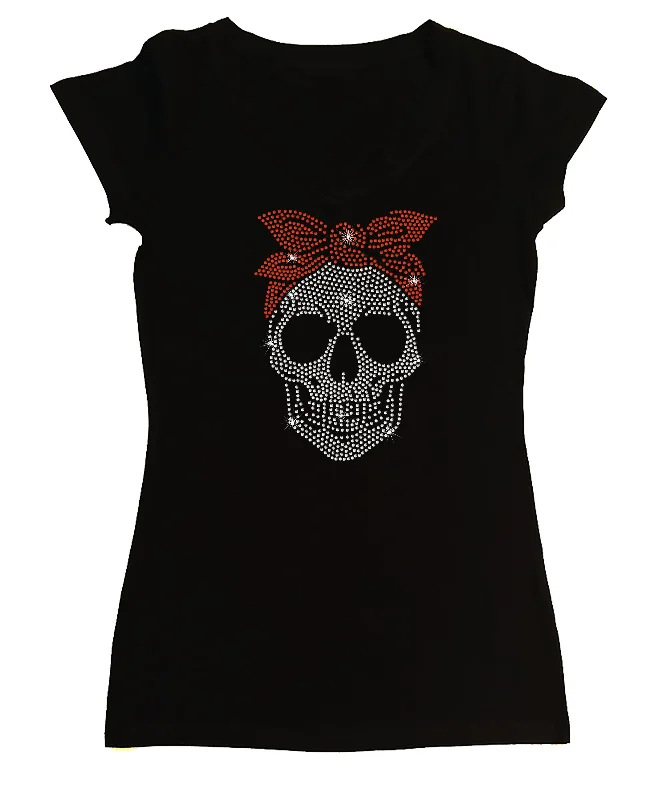 Women's Rhinestone Fitted Shirt Girl Skull w Red Bandana Chenille Fabric Brocade Fabric Lace Fabric