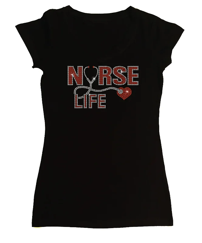 Women's Rhinestone Fitted Tight Snug Shirt " Nurse Life w/ Stethoscope & Heart " in S, M, L, 1X, 2X, 3X Mesh Fabric Canvas Fabric Denim Fabric