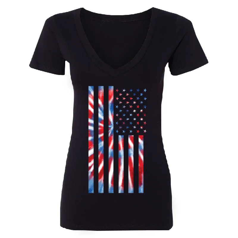 Zexpa Apparelâ„¢ Patriotic Tie Dye American Flag Women's Deep V-neck 4th of July USA Tee Satin Blend Silk Blend Wool Blend Zexpa Apparelâ„¢ Patriotic Tie Dye American Flag Women's Deep V-neck 4th of July USA Tee Satin Blend Silk Blend Wool Blend