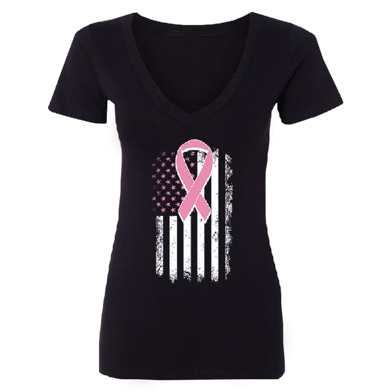 Zexpa Apparel™ Pink Vintage American Flag Women's Deep V-neck Breast Cancer Awareness Tee Print Jacquard Patchwork Zexpa Apparel™ Pink Vintage American Flag Women's Deep V-neck Breast Cancer Awareness Tee Print Jacquard Patchwork
