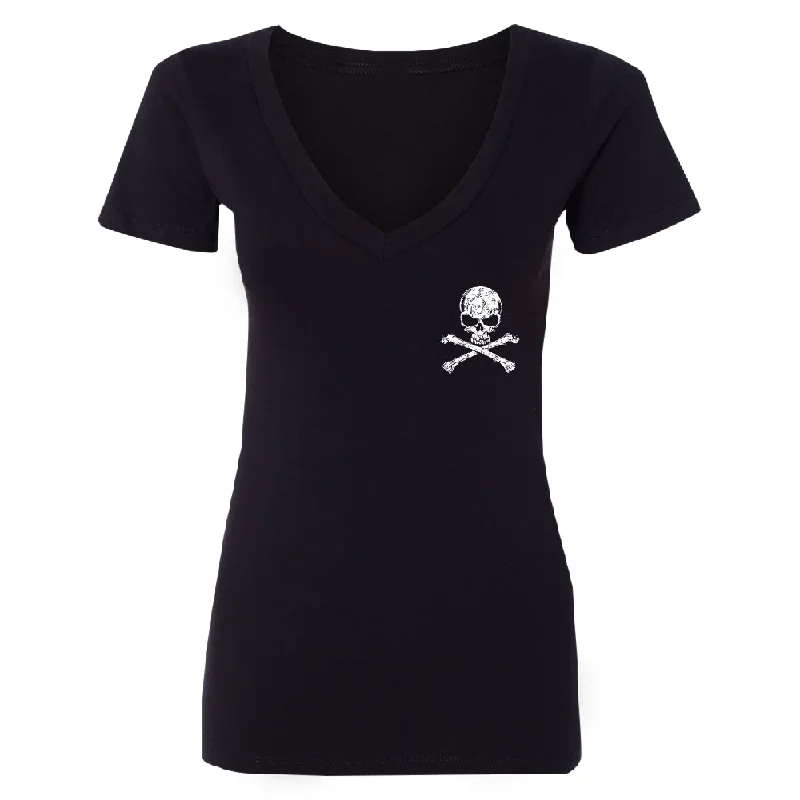 Zexpa Apparel™ Pocket Design - Skull and Crossbones Women's Deep V-neck Souvenir Tee Terry Blend Velvet Blend Canvas Blend