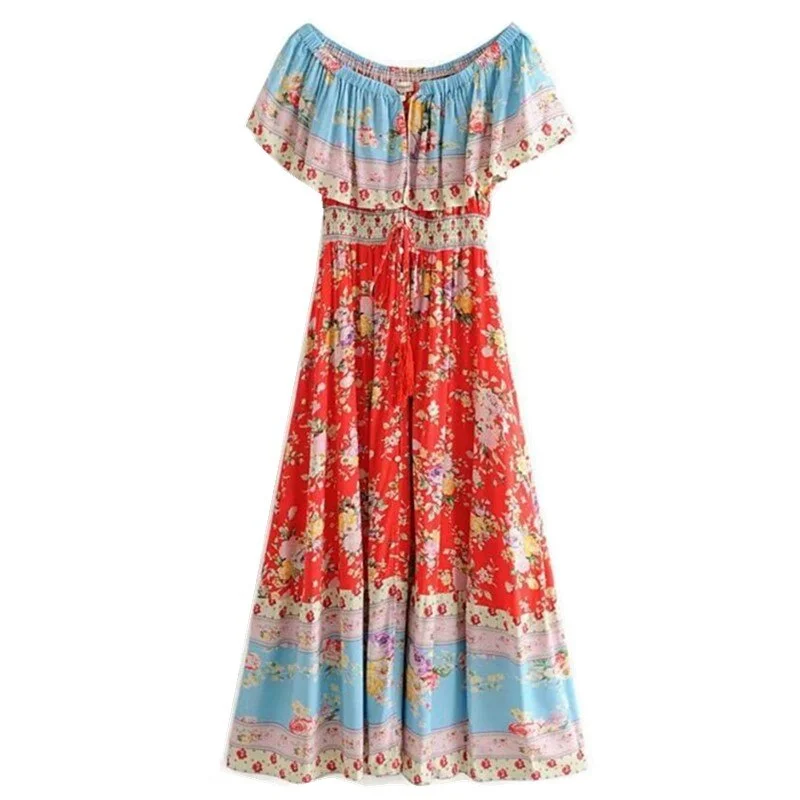 Romantic Red Boho Floral Print Maxi Dress Fashionable Sheer Maxi Dress